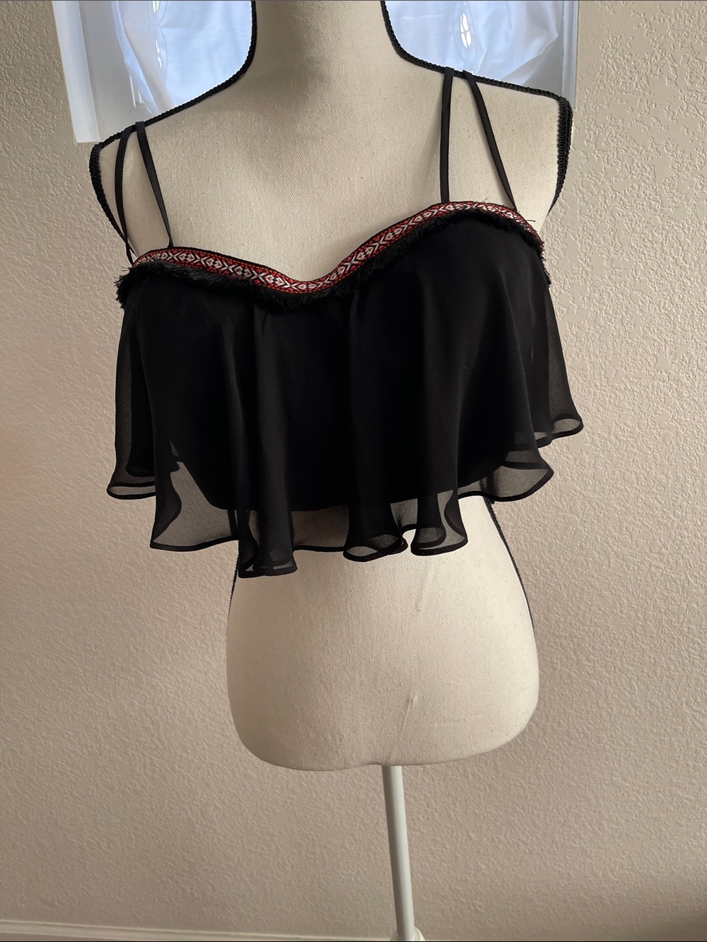 bebe Black Flowy Spaghetti Strap Ruffle Camisole with Embroidered Trim